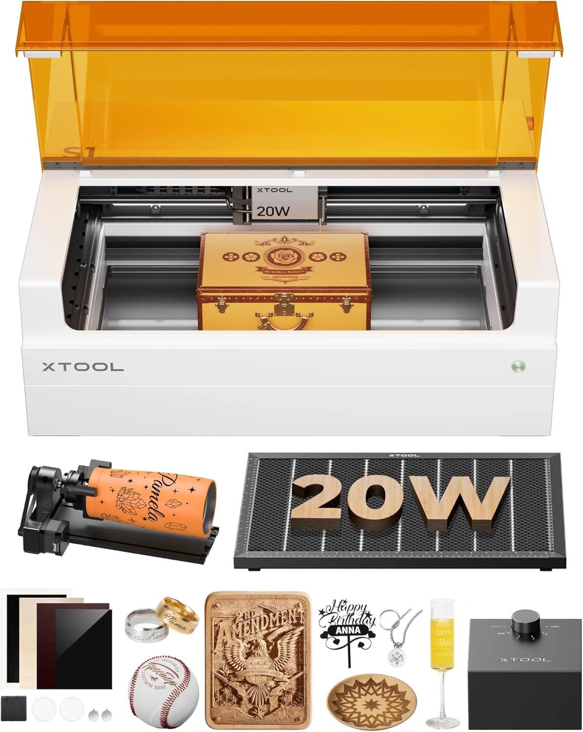 xTool S1 20W Laser Cutter and Laser Engraver for Tumblers, 23.93" x 15.16" Bed Size, 600mm/s Speed, Laser Engraving Machine, Laser Engraver for Wood and Metal, Acrylic, Big Project - Rotary Bundle