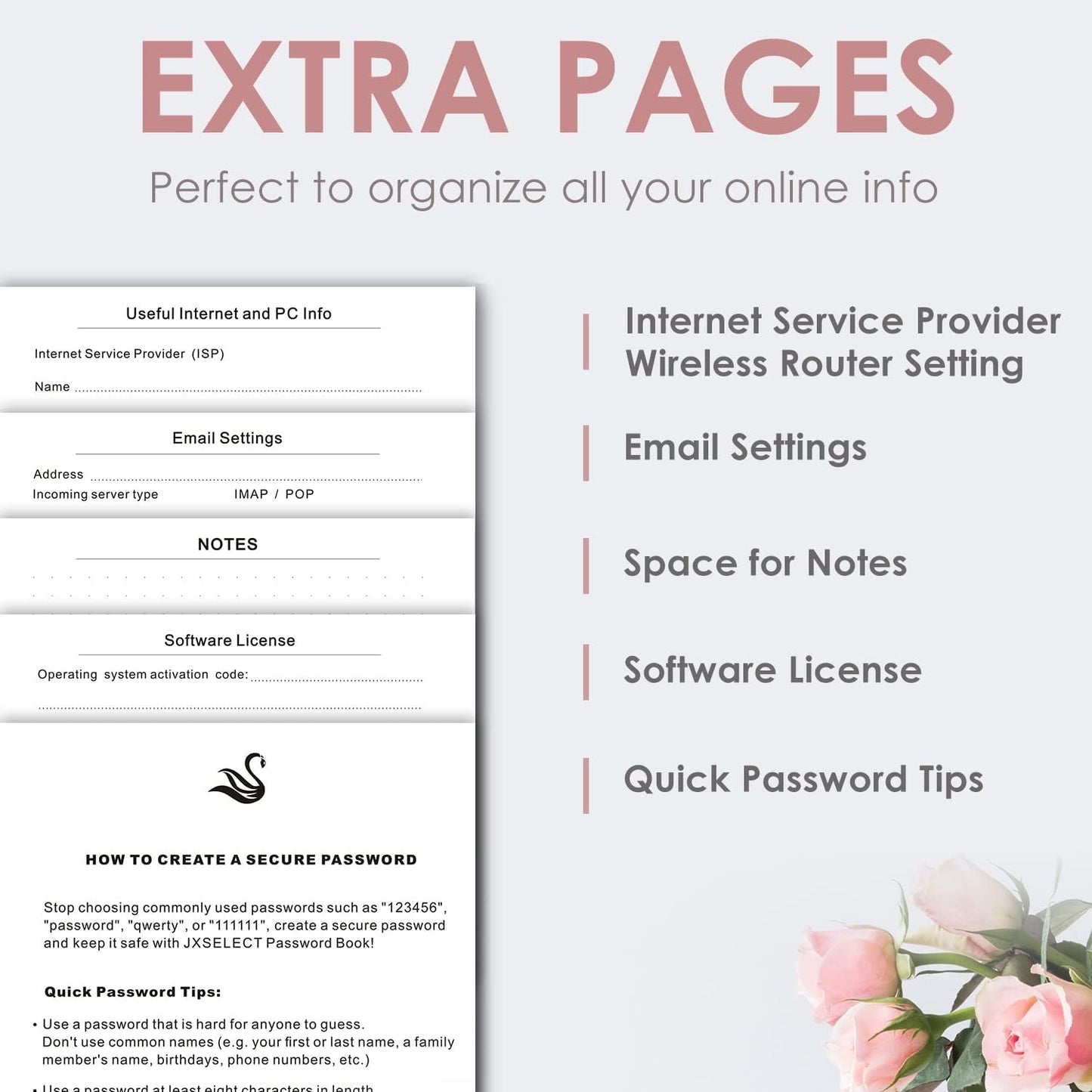 Elegant Password Book with Alphabetical Tabs - Hardcover Password Book for Internet Website Address Login - 7" x 10" Password Keeper and Organizer w/Notes Section & Back Pocket (Rose Gold)