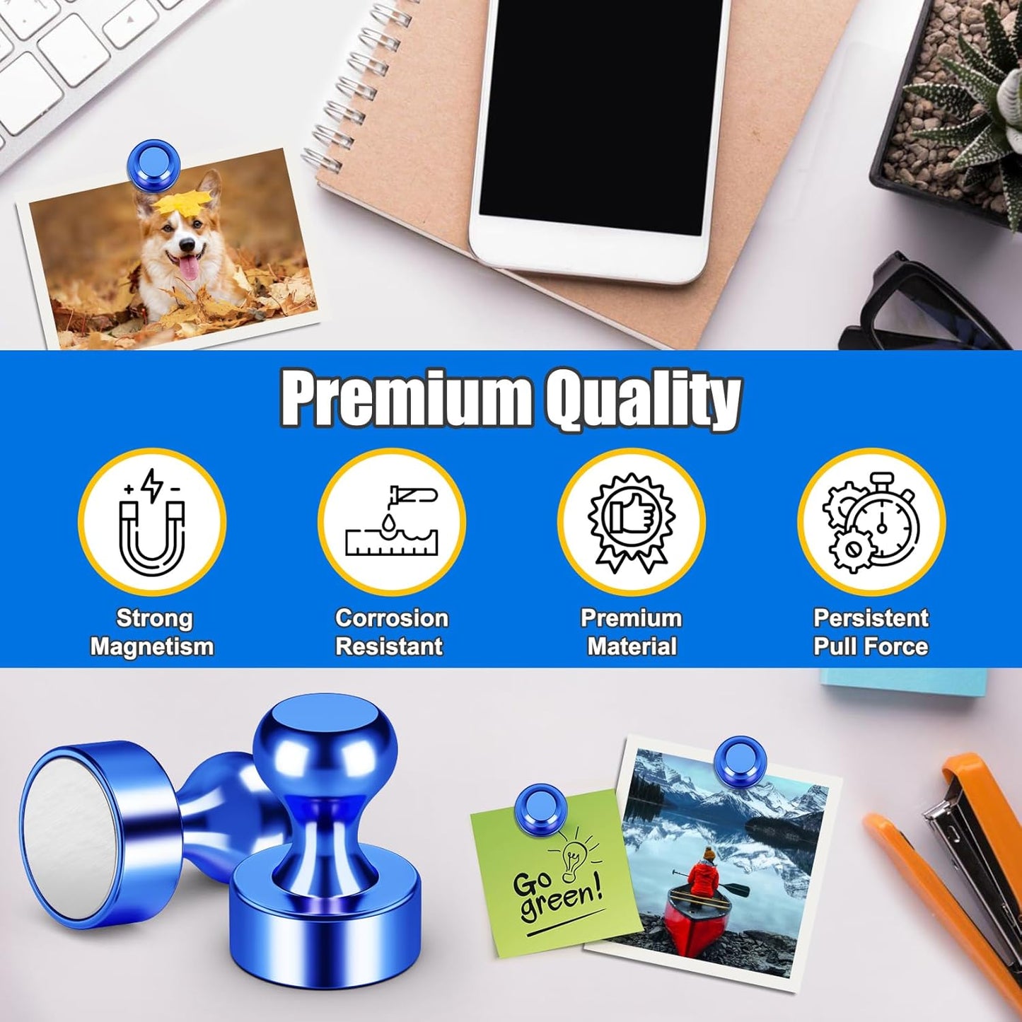 Strong Whiteboard Magnets, Small Cute Kitchen Magnets for Refrigerator, Blue Metal Magnetic Push Pins, 18 Pack Magnetic Clips for for Gadgets, Desk Accessories, Classroom, Bulletin Board