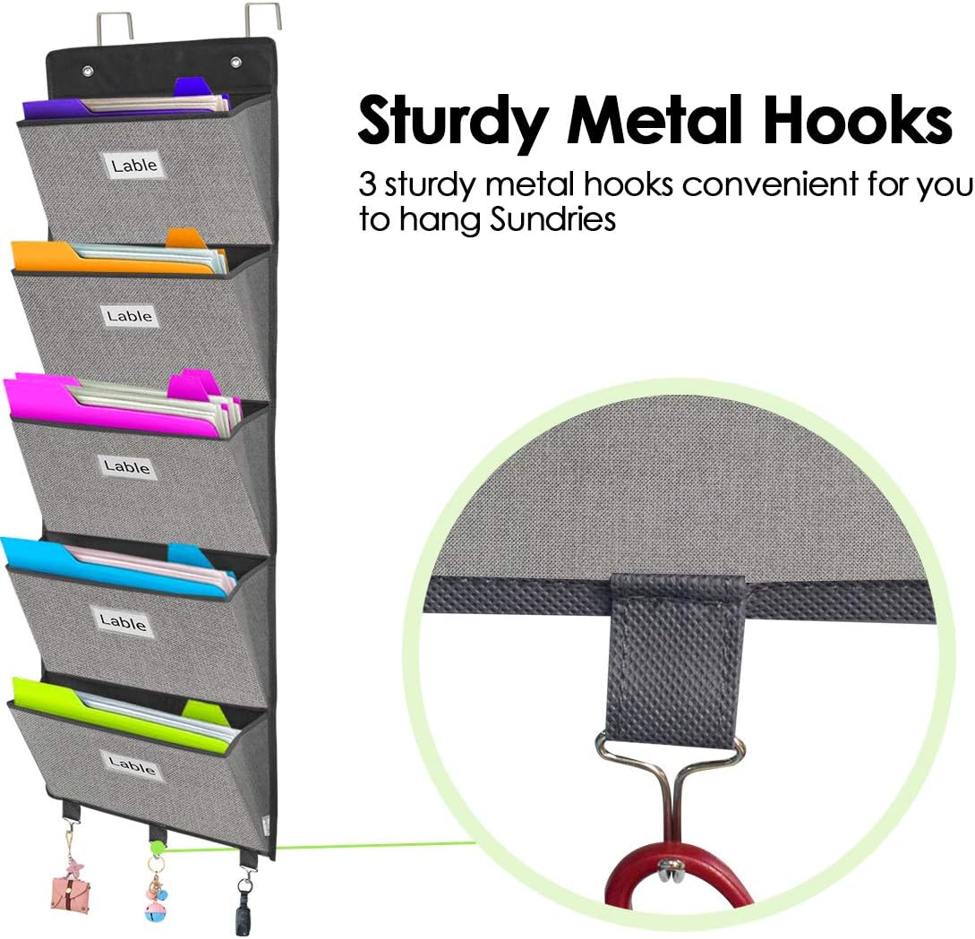 homyfort Over the Door File Organizer, Wall Hanging File Folders with 5 Large Pocket for Mails, Magazines, Back to School Supplies,Office Chart Storage, Paper Organization (Grey)