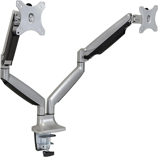 Mount-It! (MI-1772) Dual Monitor Arm Mount Desk Stand Two Articulating Gas Spring Height Adjustable Arms | Fits Up To 32" VESA 75 100 Compatible Screens | C-Clamp and Grommet Bases (Silver)