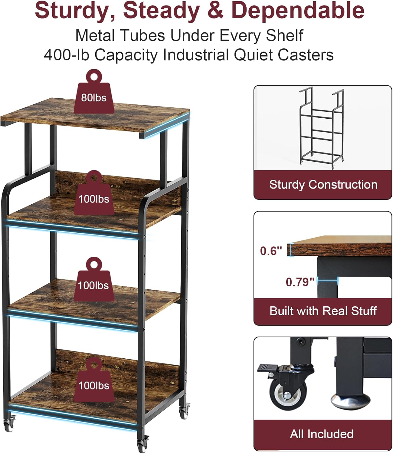 4 Tier Printer Stand with Storage Shelf, Large Tall Printer Table for Home Office, Movable Printer Cart with Industrial Wheels for Paper Shredder Scanner Fax Heat Press Small Space (Rustic Brown)