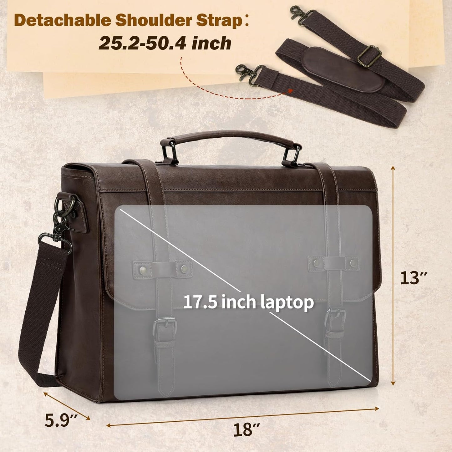 RAINSMORE Mens Messenger Bag 18 Inch Waterproof Vintage Leather Laptop Briefcase Large Laptop Bag Satchel Bag Computer Shoulder Bag for Office Business Travel College,Coffee