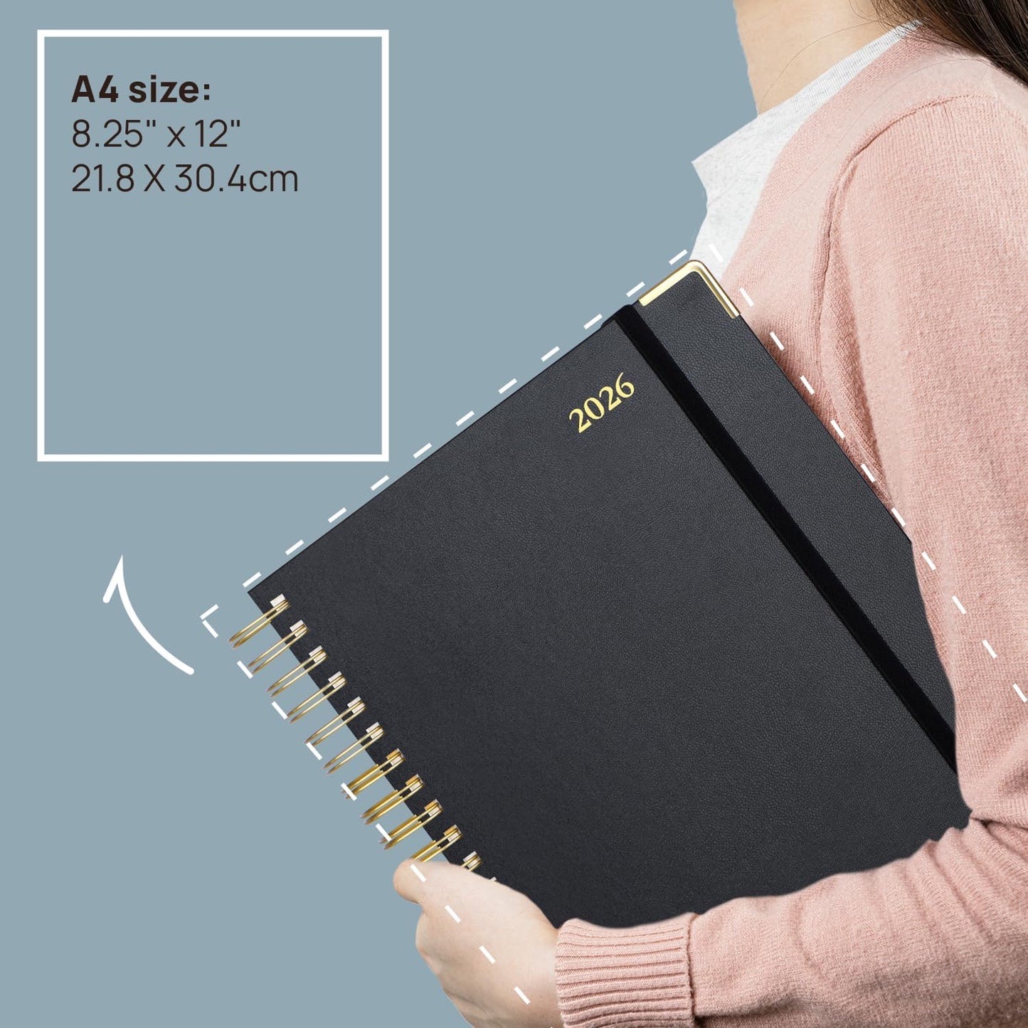 POPRUN 2026 Daily Planner One Page A Day - [A4 Large Size 8.25" x 12" -Spiral Hard Cover], Agenda 2026 Hourly Appointment Book with Monthly Calendar, Pen Holder, Ivory Paper -Light Pink