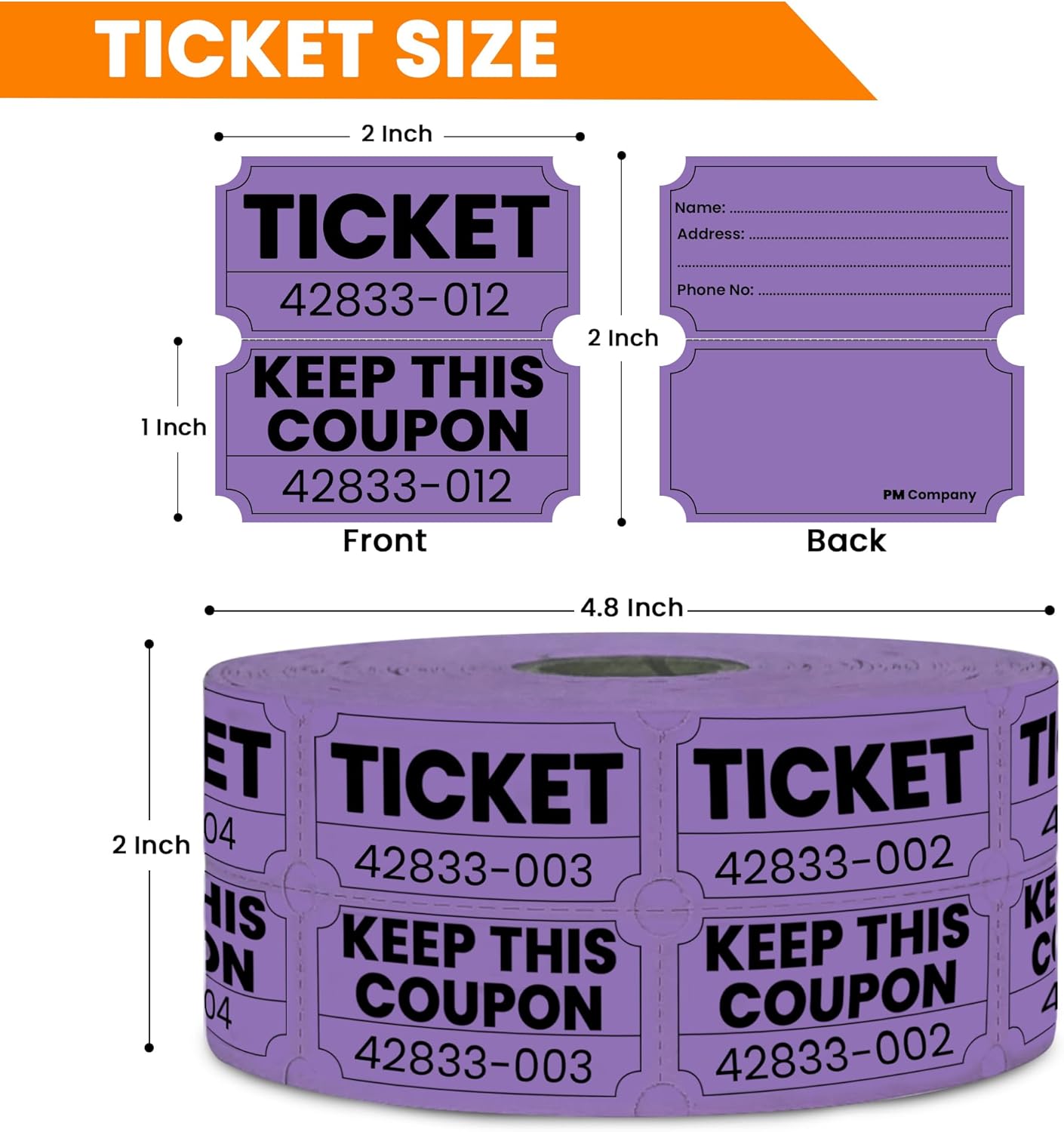 Pm Company 1000 Raffle Tickets Double Roll, Purple 50/50 Raffle Tickets for Events, Carnivals, Fundraisers, Class Rewards, and Prizes - Premium Quality