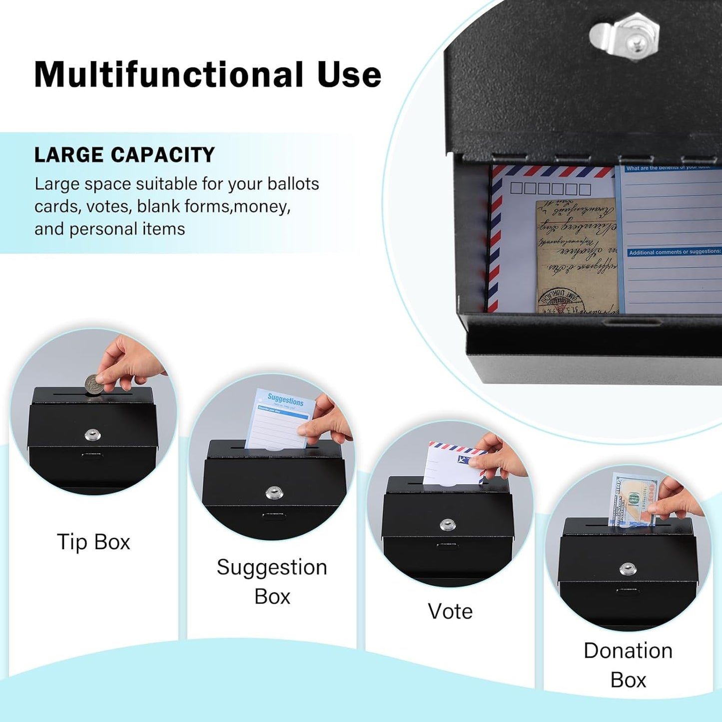 xydled Suggestion Box with Lock Wall Mountable Metal Donation/Ballot/Voting/Collection/Key Drop Box with 50 Free Suggestion Cards 7.1"x 5.7"x 8.1" Black
