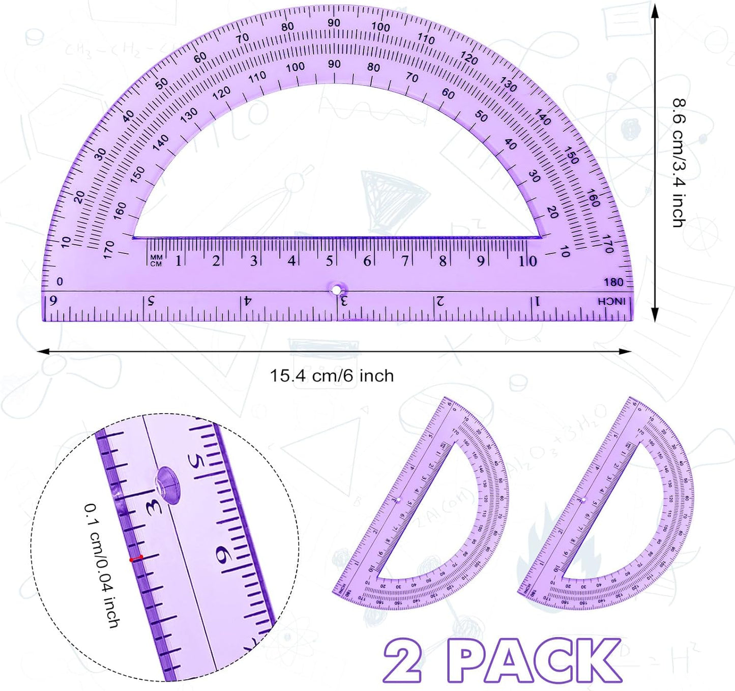 Zonon 2 Pcs 6 Inch Plastic Protractor Math Protractors 180 Degrees Angle Measurement, Translucent for Geometry Classroom Kid Student School Office Supplies(Purple)