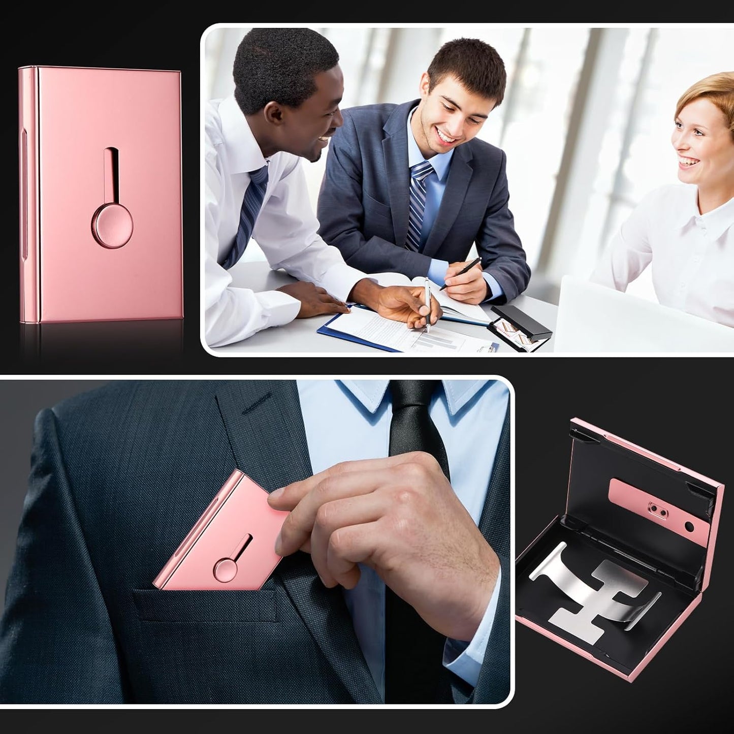 Zonon Large Thumb Drive Business Card Holder Fit 28 Name Credit Aluminum Alloy Slide out Name Card Case Portable Business Holder Wallet Pocket for Men Women(Rose Gold)