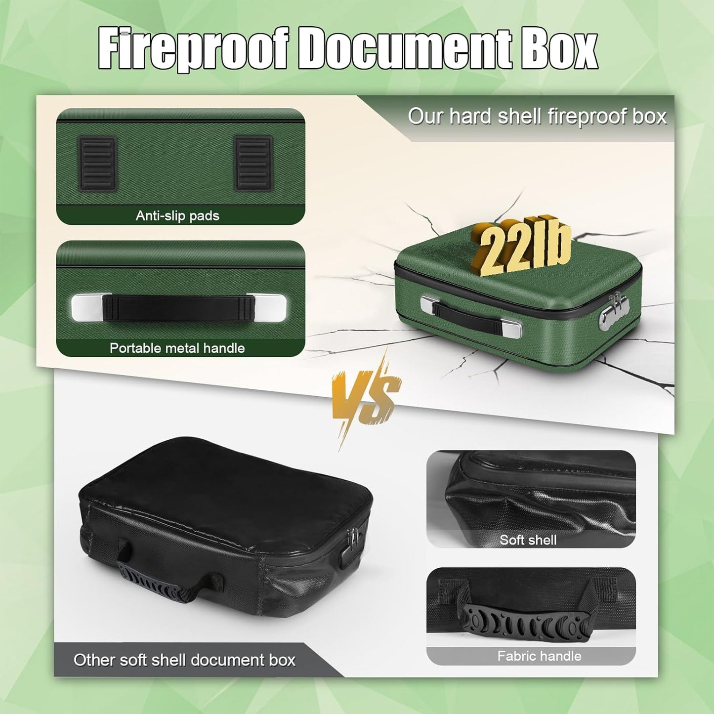 Fireproof Document Box, Hard Shell Fireproof Box, Document Organizer with Lock, Fireproof Water Resistant box, Portable Documents Safe Box for Important Document Certificates, Laptop, Passports, Green