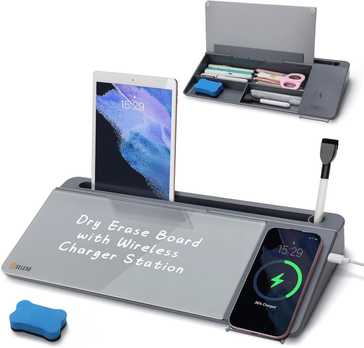 SELEAD Desktop Glass Whiteboard with Wireless Charger Station, Dry Erase White Board Computer Pad Keyboard Stand with Organizer for Home, School, Office Desk Accessories, Gray