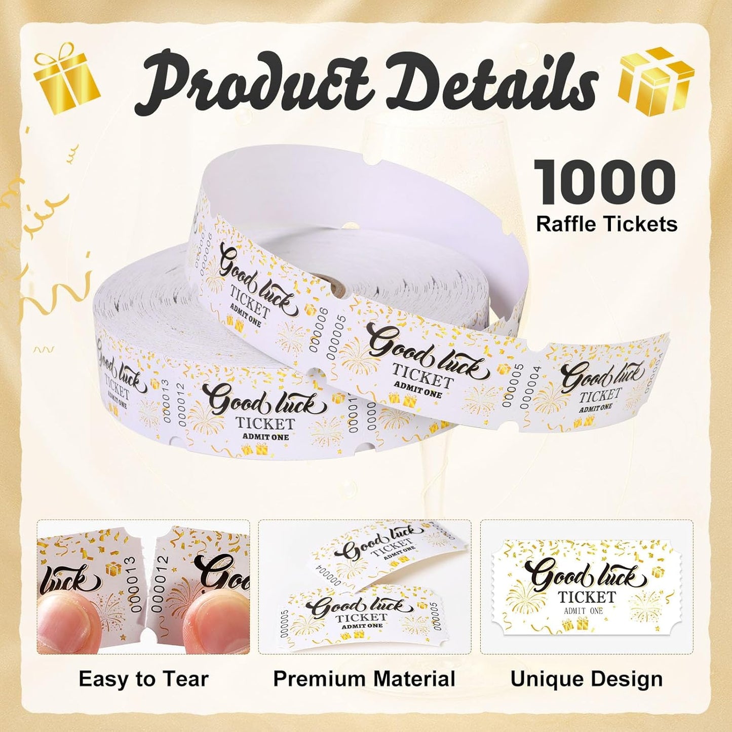 1000 Pcs Drink Ticket Single Raffle Tickets Roll Golden Ribbon Gift Design Good Luck Free Drink Ticket for Events Wedding Work Formal Parties Leisure Class Reward