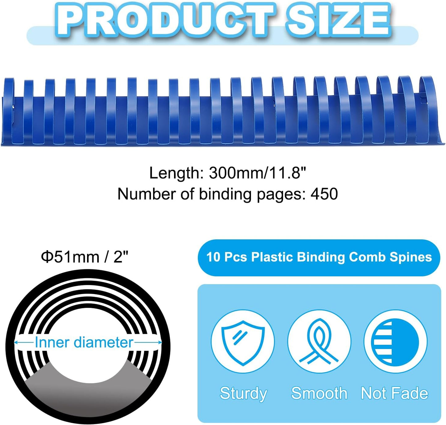 PATIKIL 51mm (2") Plastic Binding Combs, 10 Pcs 21 Rings Comb Binding Spines 450 Sheet Capacity Letter Size for Binding Paper Sheets Notebook Calendar Picture Album, Blue