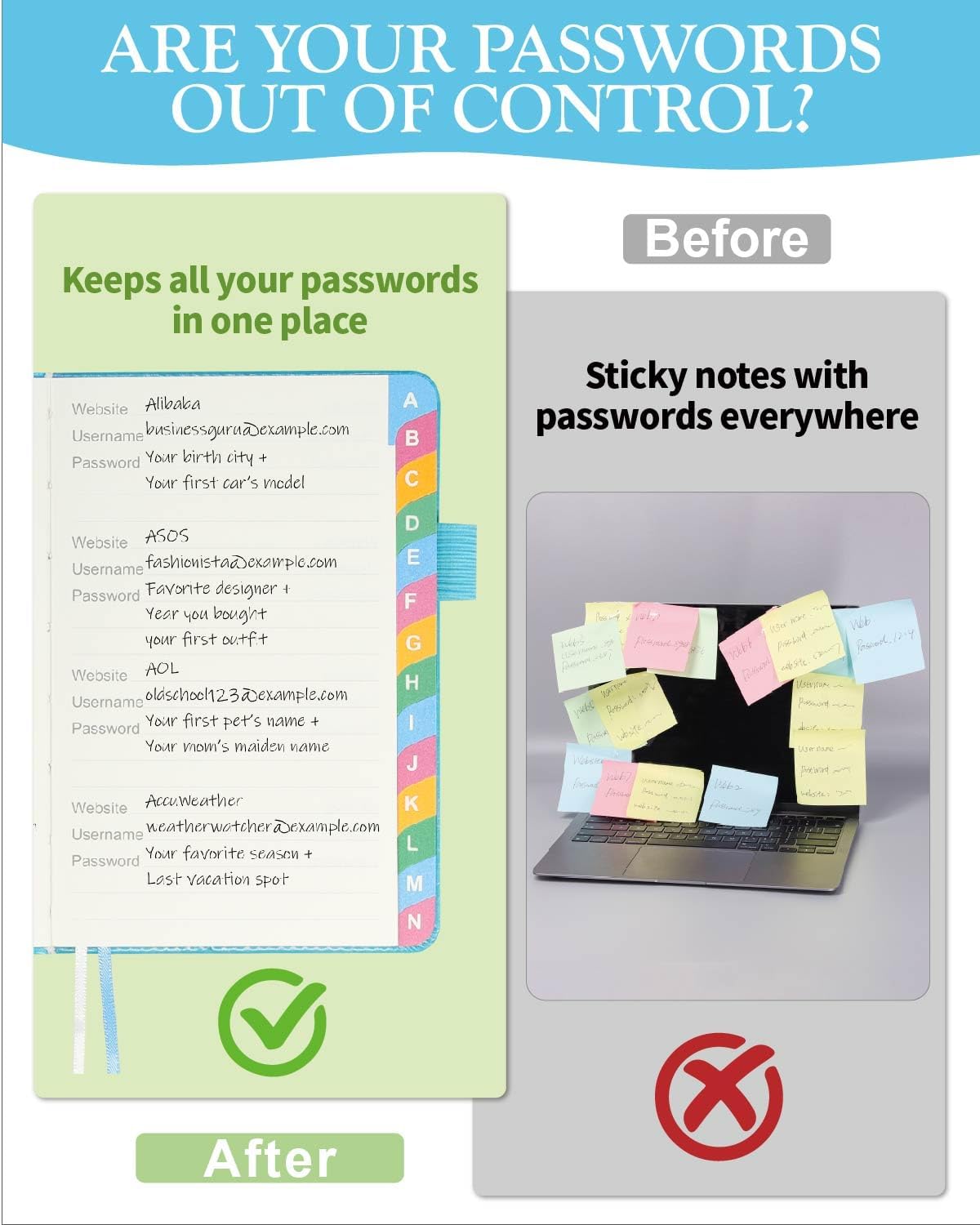 Small Password Keeper Book with Colorful Alphabetical Tabs, Hardcover Password Log-book for Internet Password and Website Address, 4.1"×6.2" Password Notebook for Home Office (Blue)