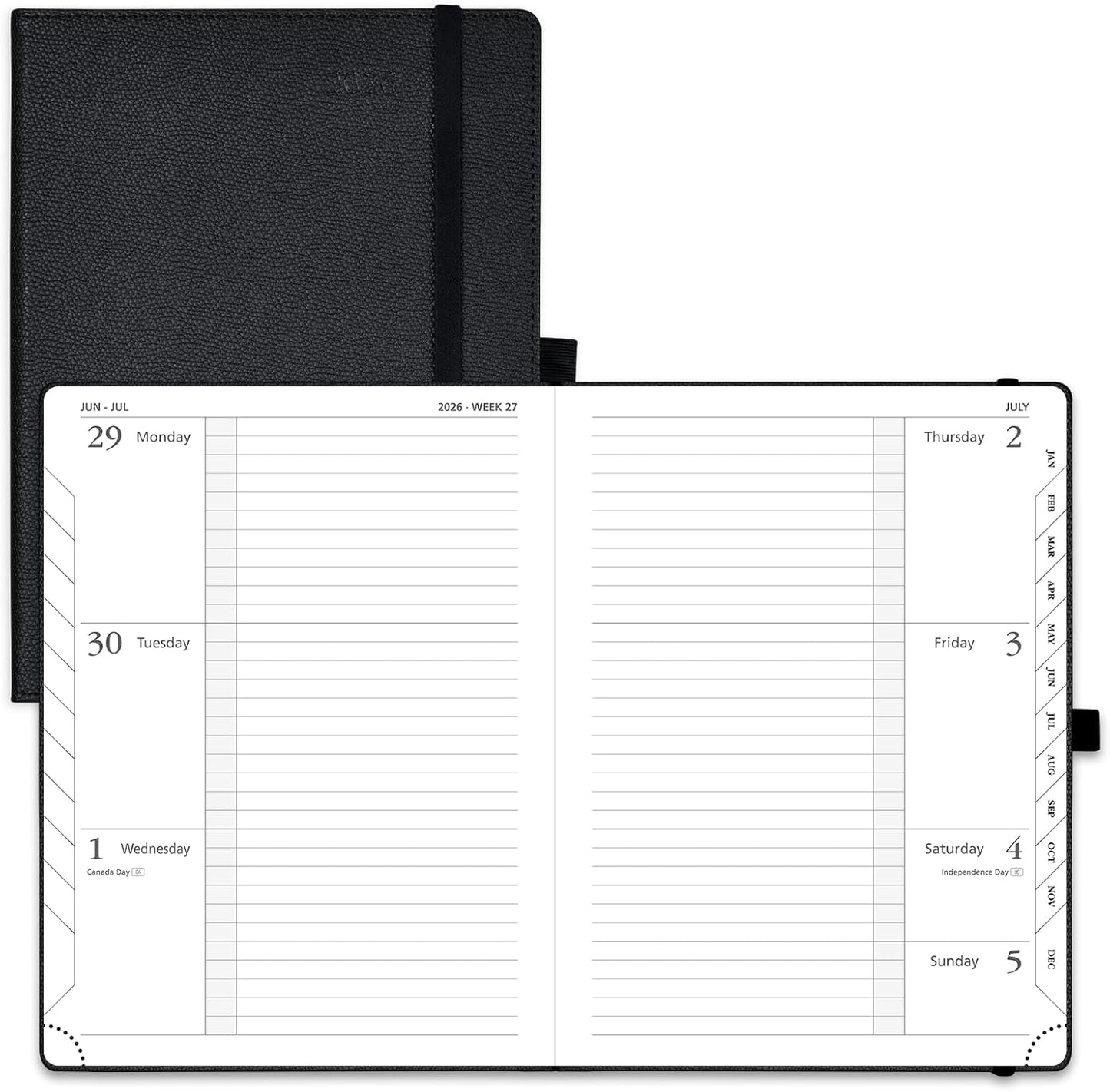 POPRUN 2026 Weekly Planner (Medium 6.75" x 8.75") 12 Months Calendar Notebook with Horizontal Layout, Leather Hardcover, Inner Pocket, 100GSM Thick Paper, Pen Holder - Black