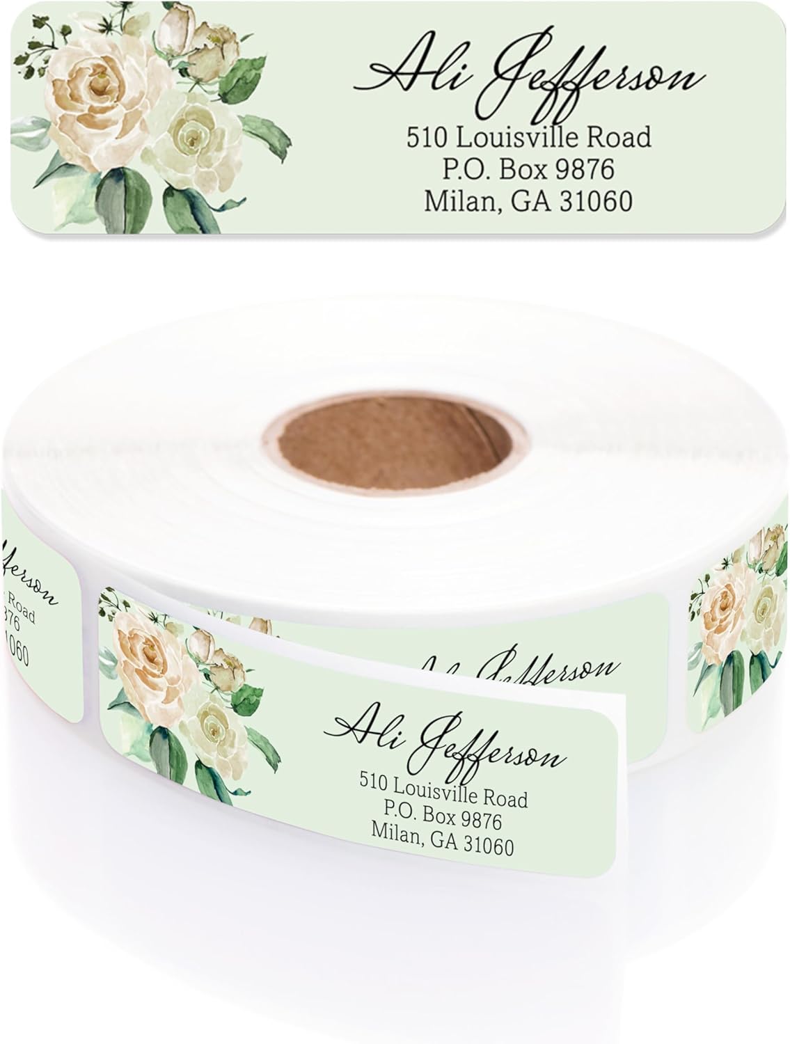 Green Watercolor Floral Rolled Address Labels / 250 Personalized Return Address Labels/Designer Address Stickers in Elegant Plastic Dispenser