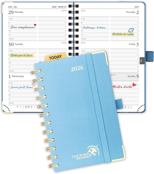 POPRUN 2026 Planner (Pocket Size 4''x 6.25'' Wire-Bond Hard Cover) Calendar Weekly and Monthly (Jan.2026-Dec.2026) Small Planner with Hourly Time Slots, for Purse, 100 GSM - Haze Blue