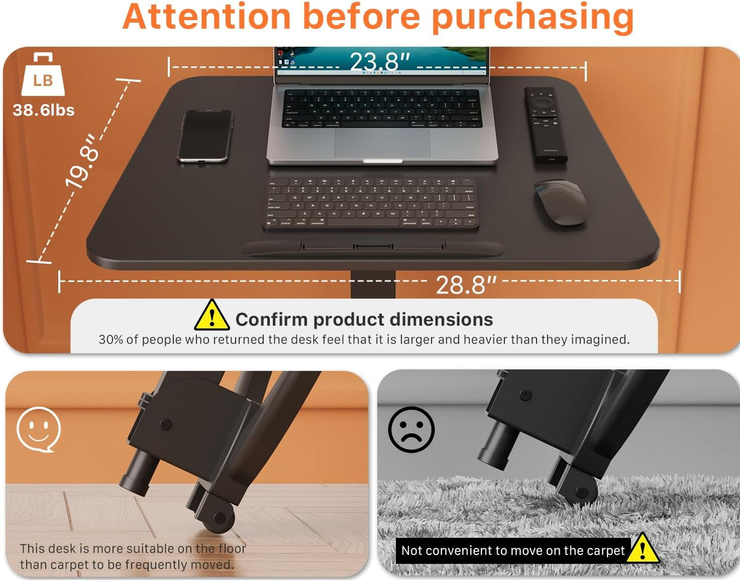 JOY worker Foldable Mobile Standing Desk, Height Adjustable Sit Stand Desk, 90° Tiltable Rolling Laptop Table, Portable Workstation with Non-Slip Mat for Home Office, Holds Up to 22lbs, Black