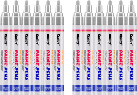 Silver Paint Markers, 12 Pack Oil-Based Waterproof Quick Dry Permanent Paint Pen Set for Rocks Painting, Wood, Fabric, Plastic, Canvas, Glass, Mugs, Metal, Tire, Stone, DIY Craft