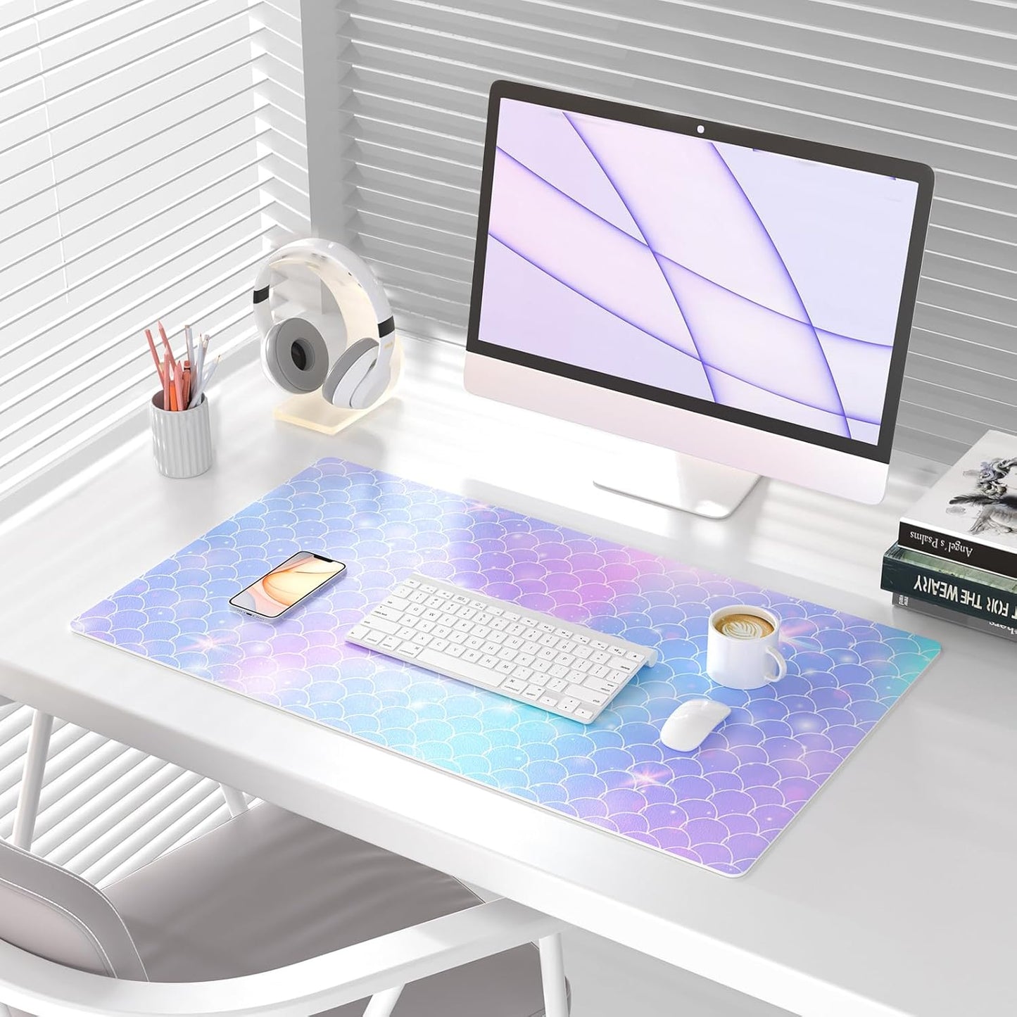QIYI Large Desk Pad, Colorful Mouse Pad Desktop Decor, Waterproof PU Leather Desk Cover Protector, Desk Accessories for Office Home Work Writing Gaming 31.5" x 15.7" - Gradient Fish Scales