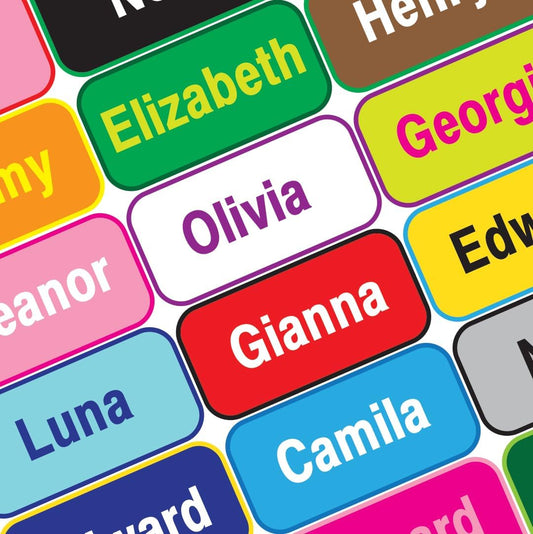Personalized Waterproof Name Labels Press and Stick Custom Name Stick on Clothing Labels. Customized Up to 3 Lines Great for Camp & Daycare (Choose Your Background and Border and Font)