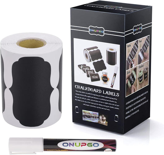 ONUPGO Chalkboard Labels-180pcs Waterproof Reusable Blackboard Stickers with 1 Liquid Chalk Marker for Mason Jars, Parties Decoration, Craft Rooms, Weddings, Storage, Organize Your Home & Kitchen