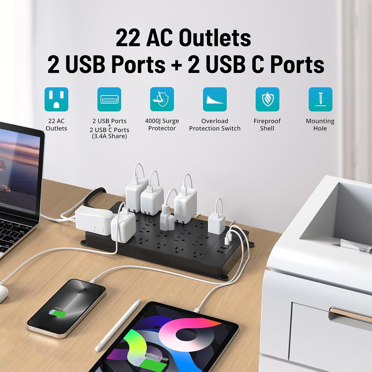 TROND Surge Protector Power Strip, 22 Widely Spaced Outlets with USB Ports, Wall Mount, 4000 Joules, ETL Listed, 10 ft Flat Plug Heavy Duty Extension Cord for Home, Office, Dorm Essential, Black