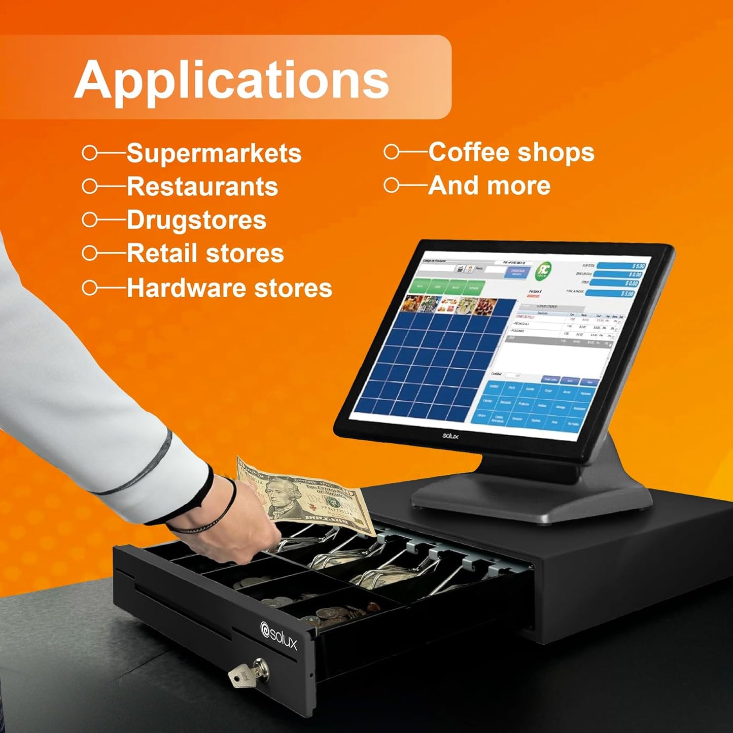 SOLUX 13" Cash Drawer - Cash Registers - Cash Register Drawer for POS - Square Cash Drawer for Small Businesses - Removable Coin Tray - 24V, RJ11/RJ12-Key Lock 4 Bill - 5 Coin, Black