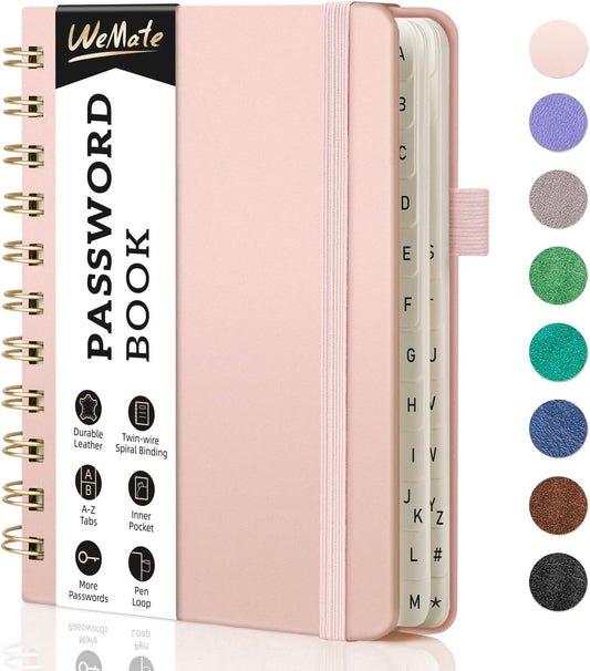 WEMATE Password Book with Alphabetical Tabs, Spiral Password Keeper Book for Seniors, Internet Password Notebook Password Journal Logbook Log in Detail, Small – 4.7''x 6'' (Rose Gold)