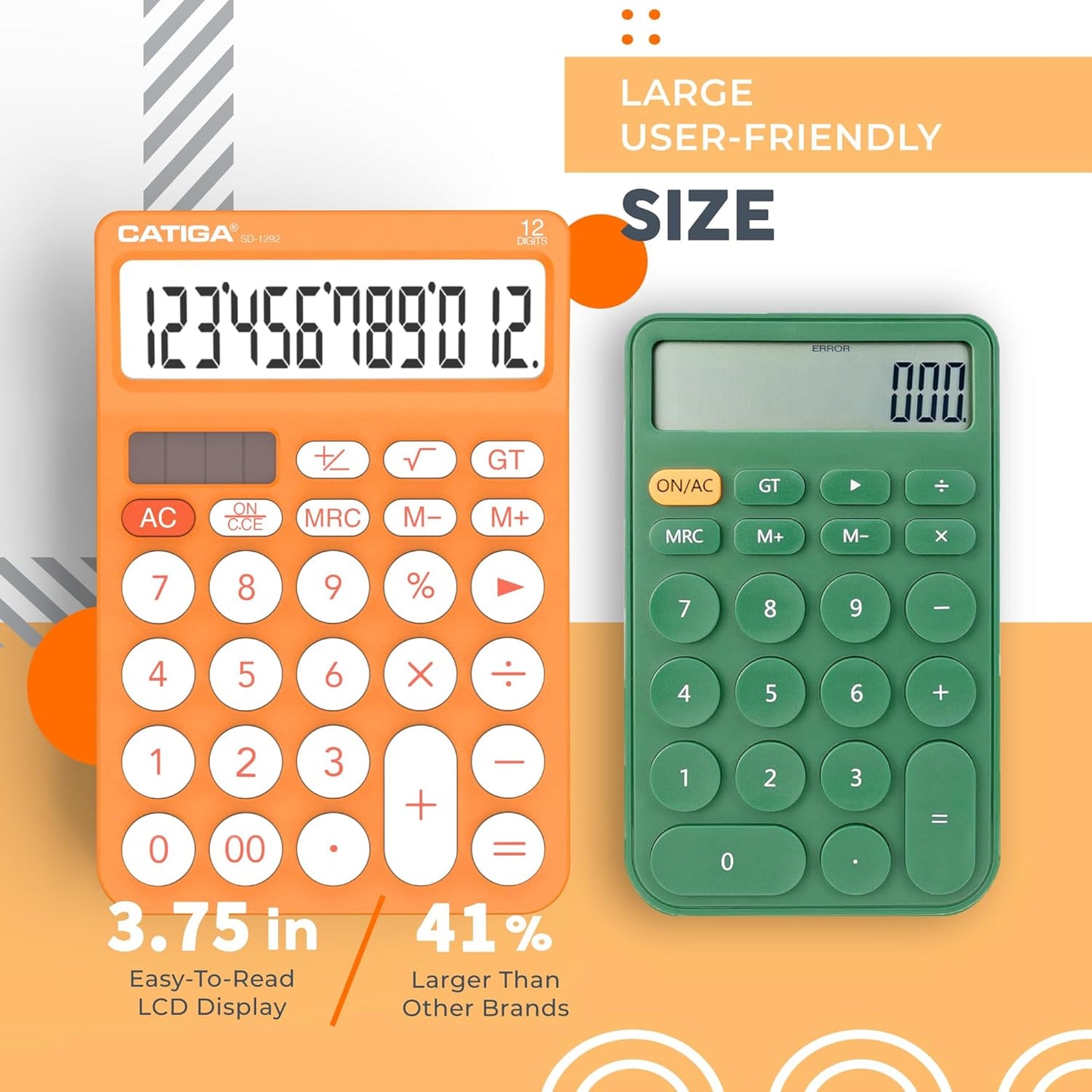 CATIGA 12 Digit Desktop Calculator Basic Desk Calculator with Large LCD Display, Big Buttons, 4 Function, Solar and Battery Dual Power, for Office, School, Home, SD-1292 Orange