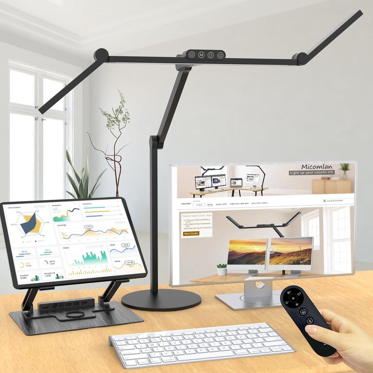 Micomlan Architect Desk Lamp with Remote Control, Adjustable Led Desk Light for Home Office with Base, 24W Bright Auto Dimming Table Light Rotatable Office Lamp with Swing Arm for Computer Cafting