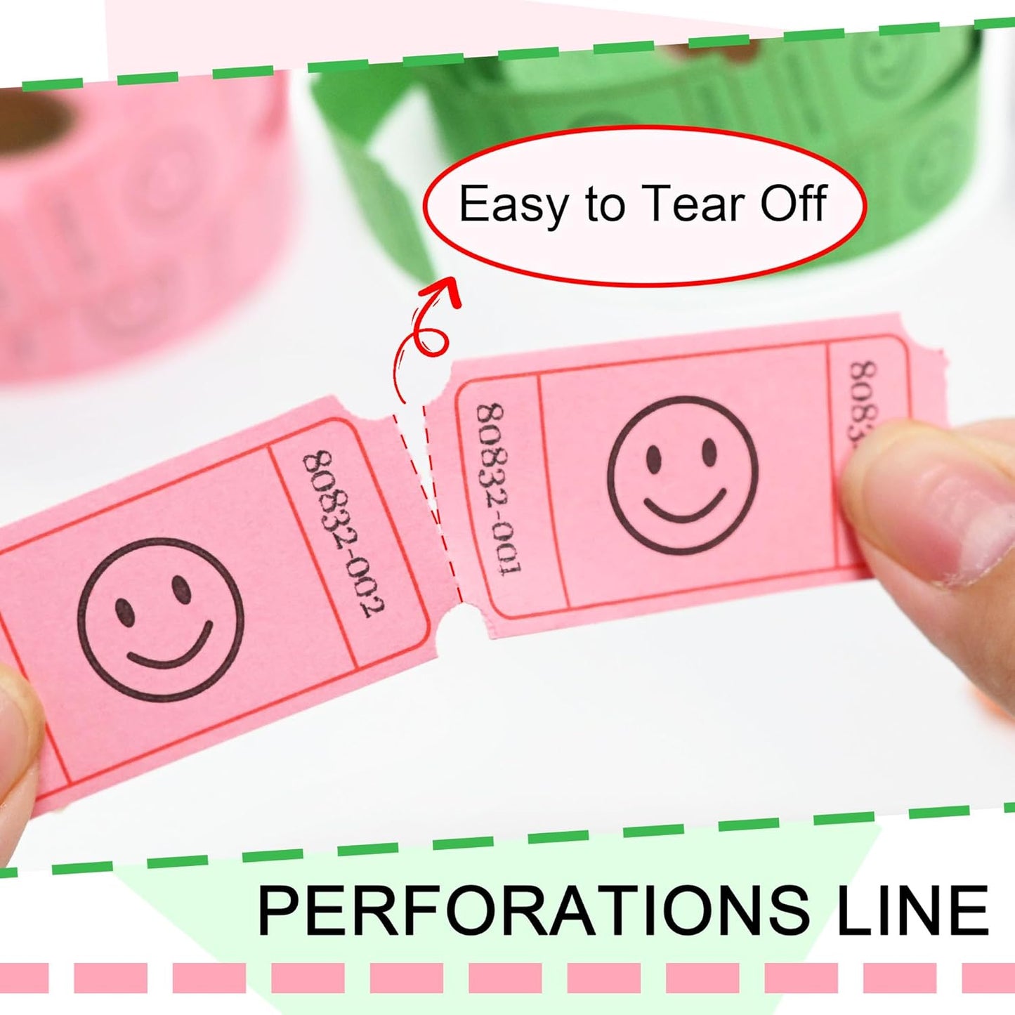 L LIKED 1000 Raffle Tickets, Smile,2 Color Set of 500 1" x 2" Single Roll,Tickets for Raffles, Carnival, Door Prizes and Class Reward - Pink/Green