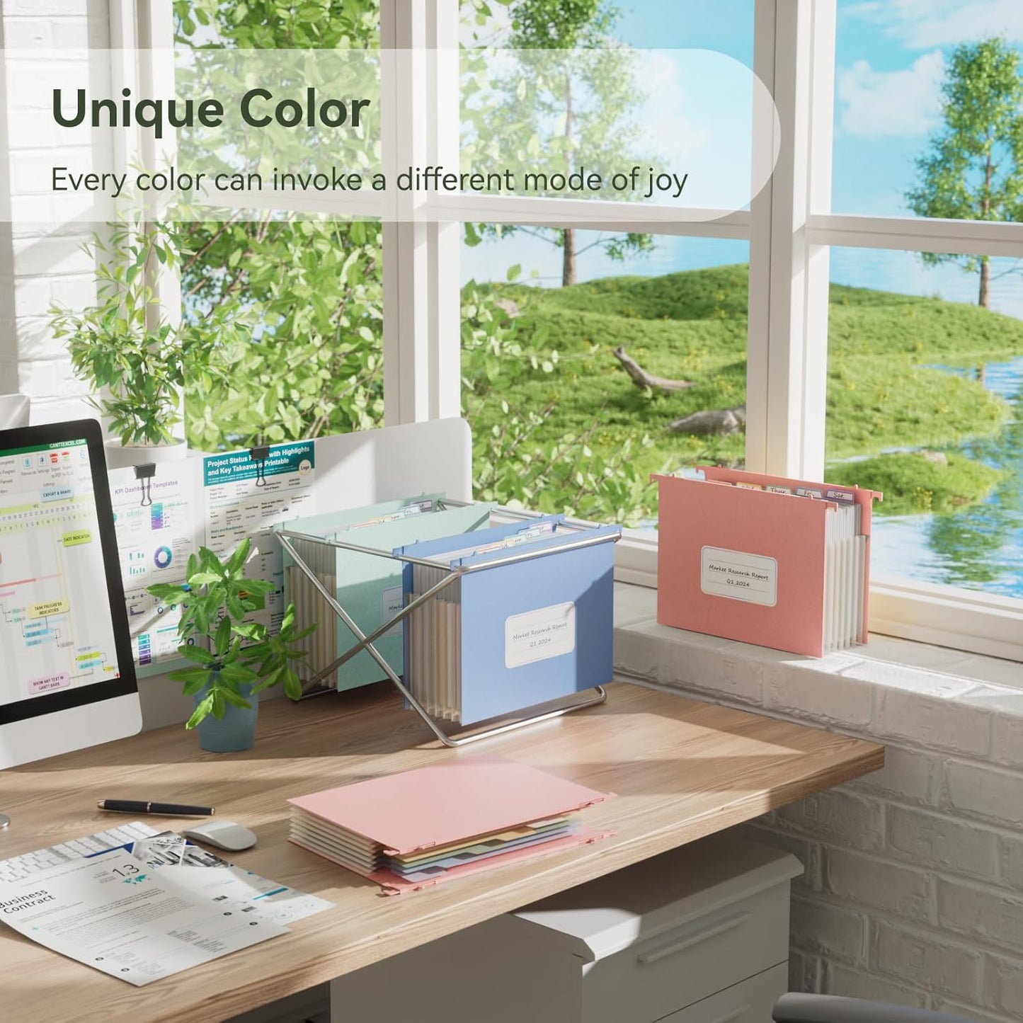 Wheat Straw Expanding Hanging File Folders, File Organizer, 1.2" Accordion Pockets, Large Capacity, Letter Size for Filing Cabinet, 100% BPA Free, Healthy Living-3 Packs-Pink&Bule&Purple