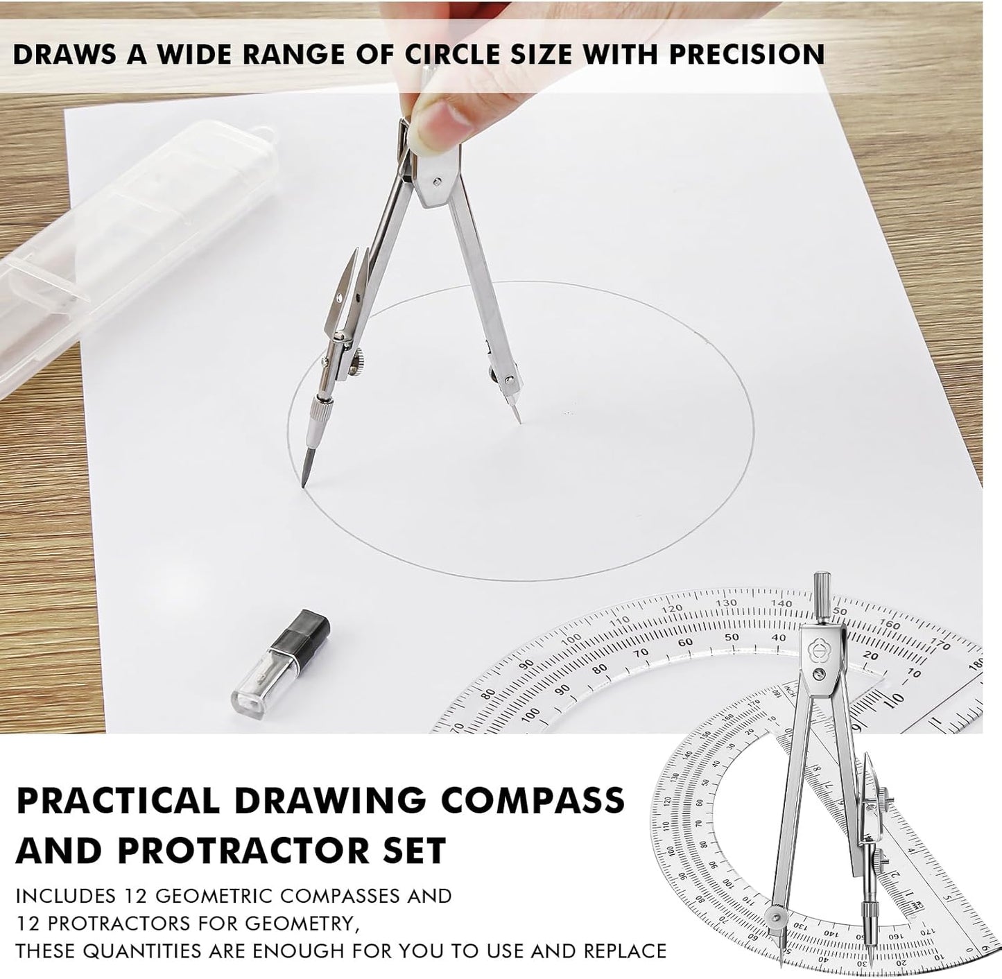 Zonon 12 Set Student Protractor and Compass Set, Student Geometry Math Set, Compass for Geometry and 180 Degree Math Protractor for Drawing Measuring School Office