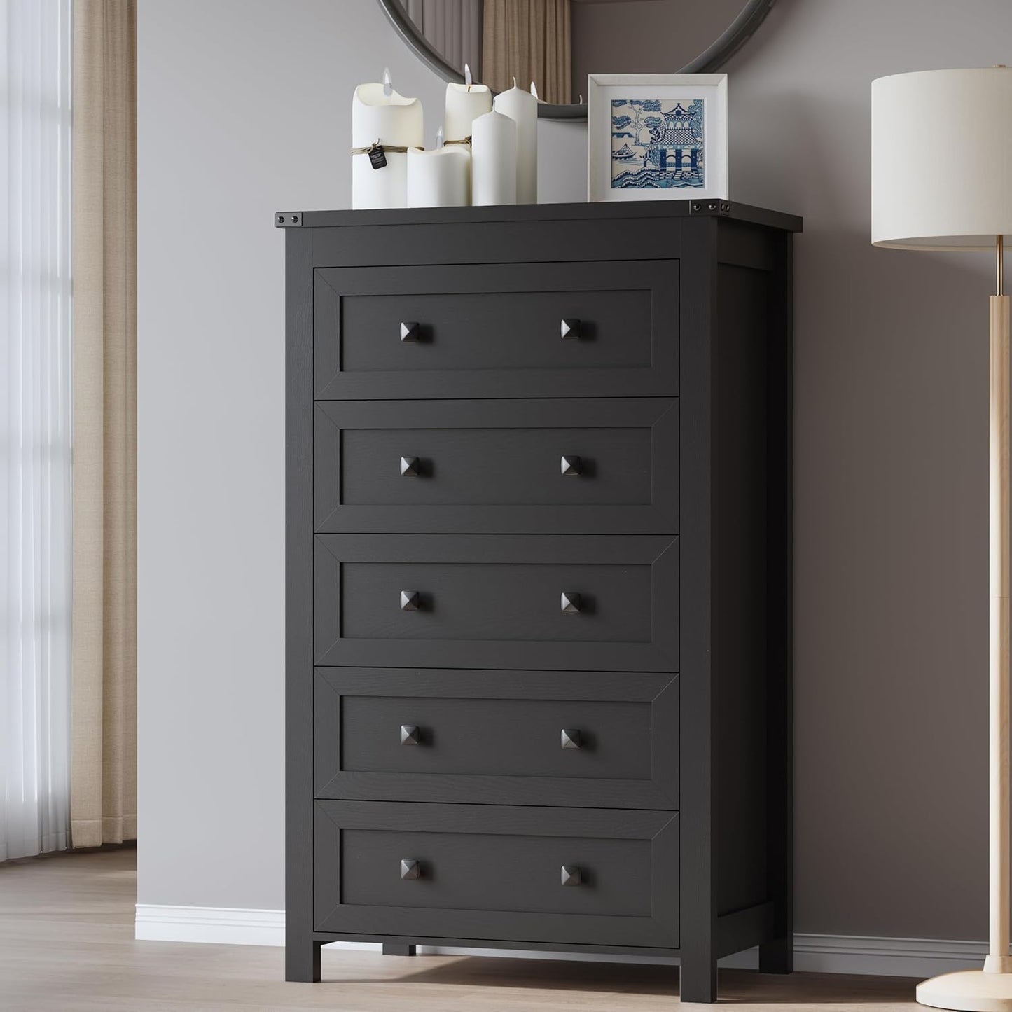 Tall 5-Drawer Dresser, Modern Wooden Storage Chest of Drawers, Dresser TV Stand, Wood Drawer Organizer with Metal Handles for Bedroom, Living Room, Hallway