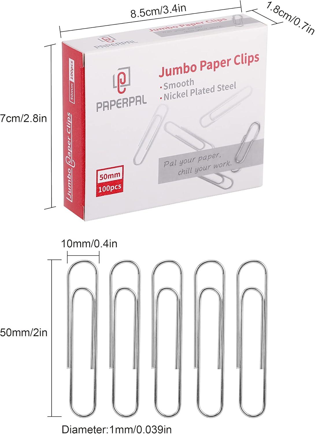 PAPERPAL Paperclips for Office School & Personal Use, Jumbo Smooth Paper Clip (2"), 300 Large Paper Clips (3 Boxes of 100 Each), Silver