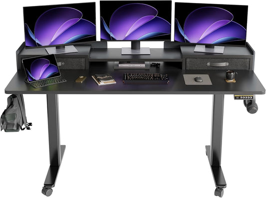 YDN Standing Desk with Drawers, 63 Inch Standing Desk Adjustable Height, Adjustable Electric Stand Up Sit Stand Small with Storage and Shelf, Black