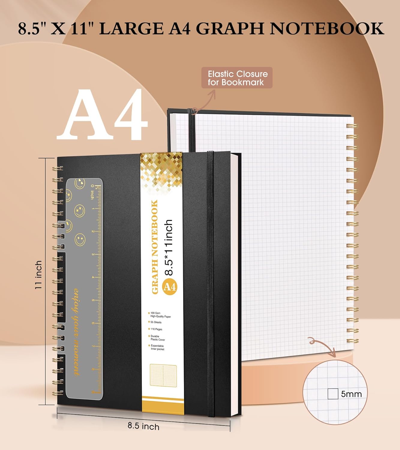 Graph Paper Notebook, Spiral Notebook Journal 8.5” x 11”, A4 Large Grid Notebooks for Women Men, 100 GSM Graph Paper, Plastic Hardcover Spiral Graphing Journals for Work School Engineerin, Black