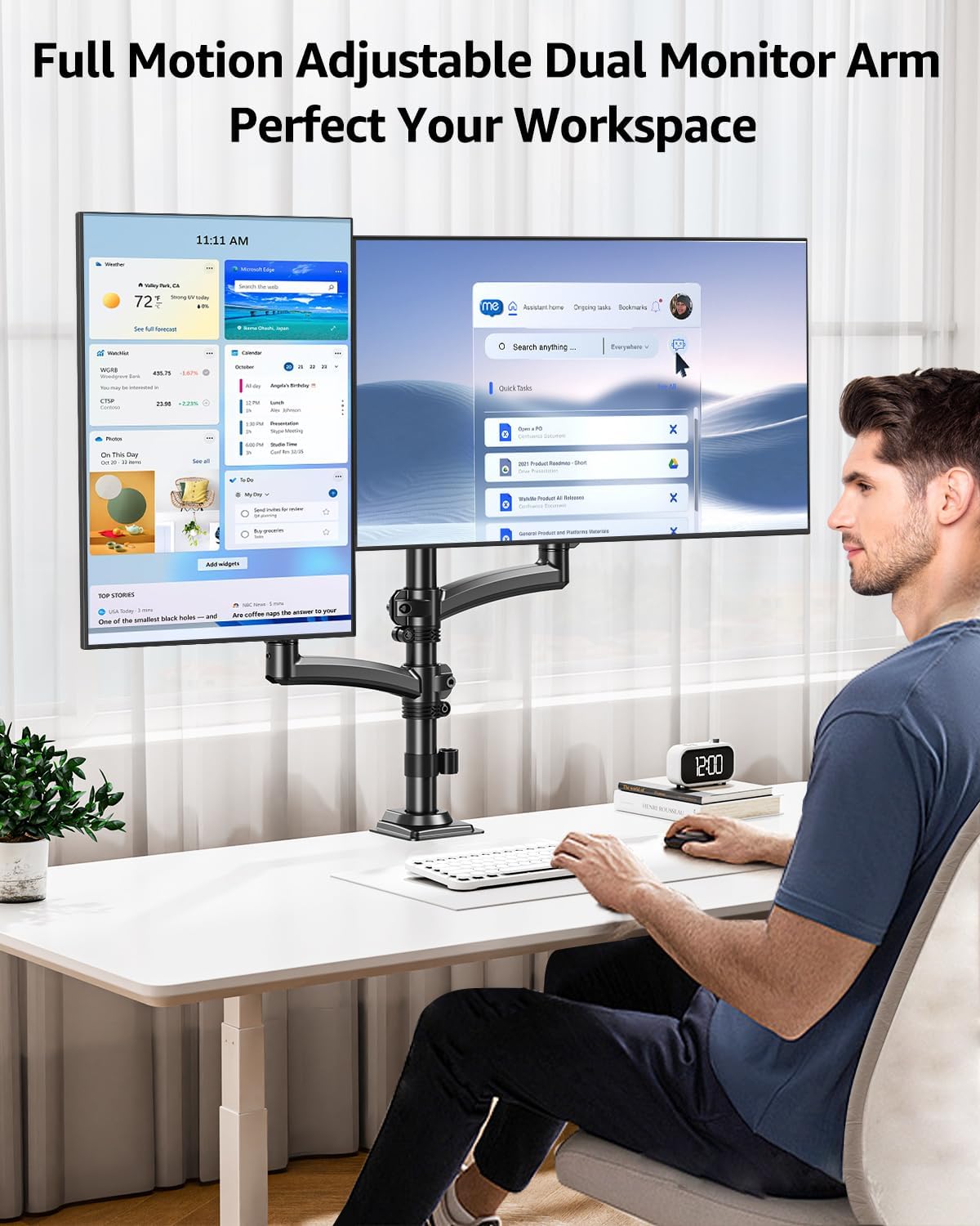 Dual Monitor Stand Holds 4.4-22 lbs Each, Dual Monitor Mount Height up to 26.6 inch, Gas Spring Monitors Arm for Max 32 inch Computer, VESA Mount with C-clamp & Grommet Mounting, Freelift Black