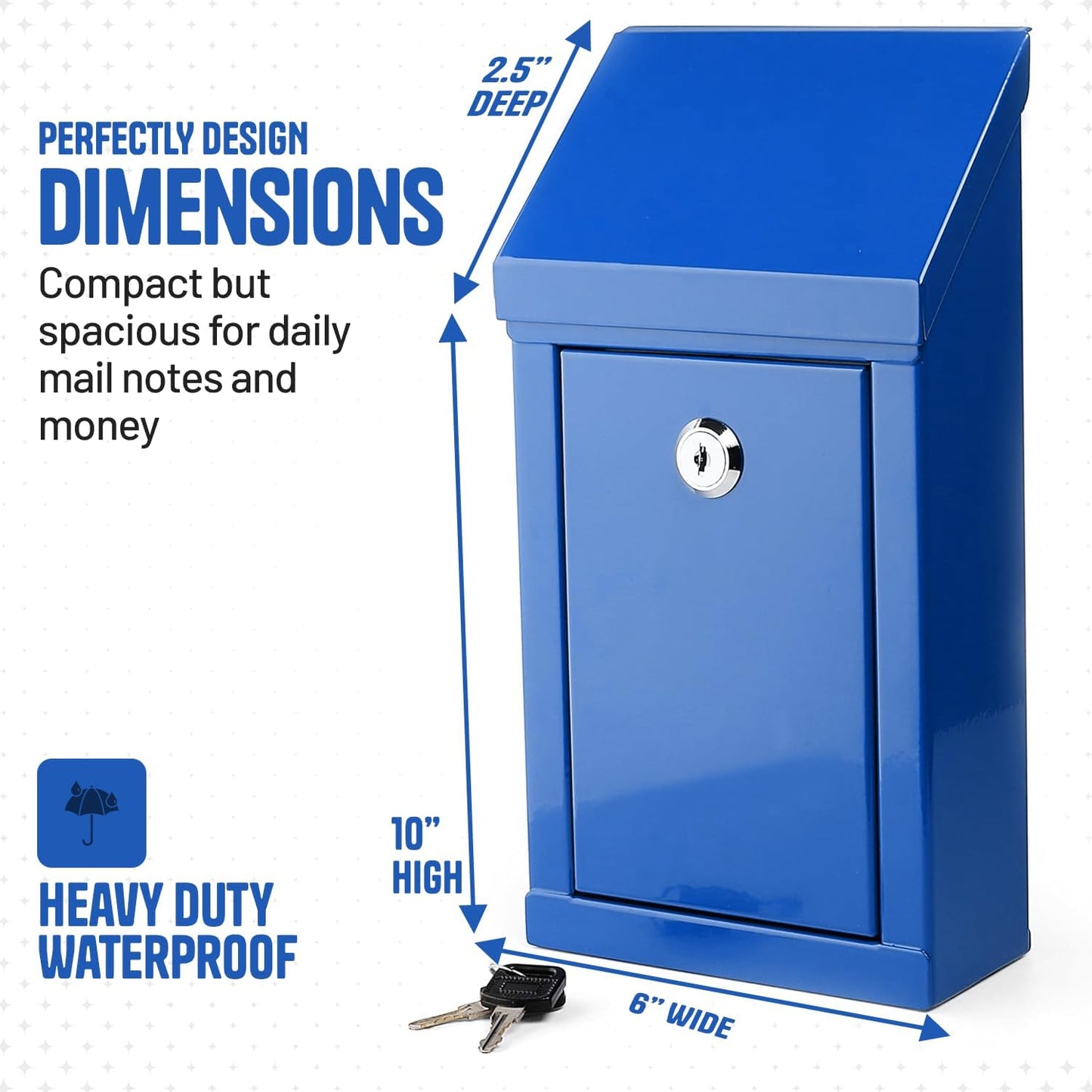 Metal Donation Box-Suggestion Box with Slot and lock-Cash Lock box for Money-Waterproof Drop Box-Comment and ballot voting box-comes with pre-drilled holes for easy wall mounting 10 X 6 X 2.5"(Blue)