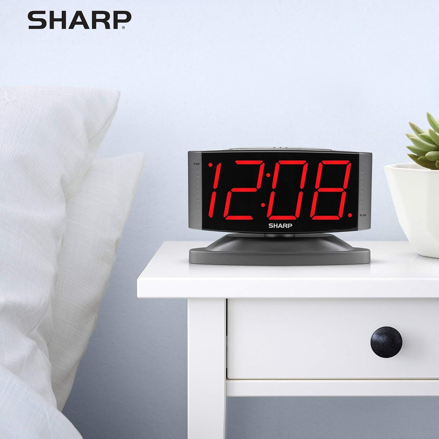 Sharp Home LED Digital Alarm Clock – Swivel Base - Outlet Powered, Simple Operation, Alarm, Snooze, Brightness Dimmer, Big Red Digit Display, Gun Metal Grey Case
