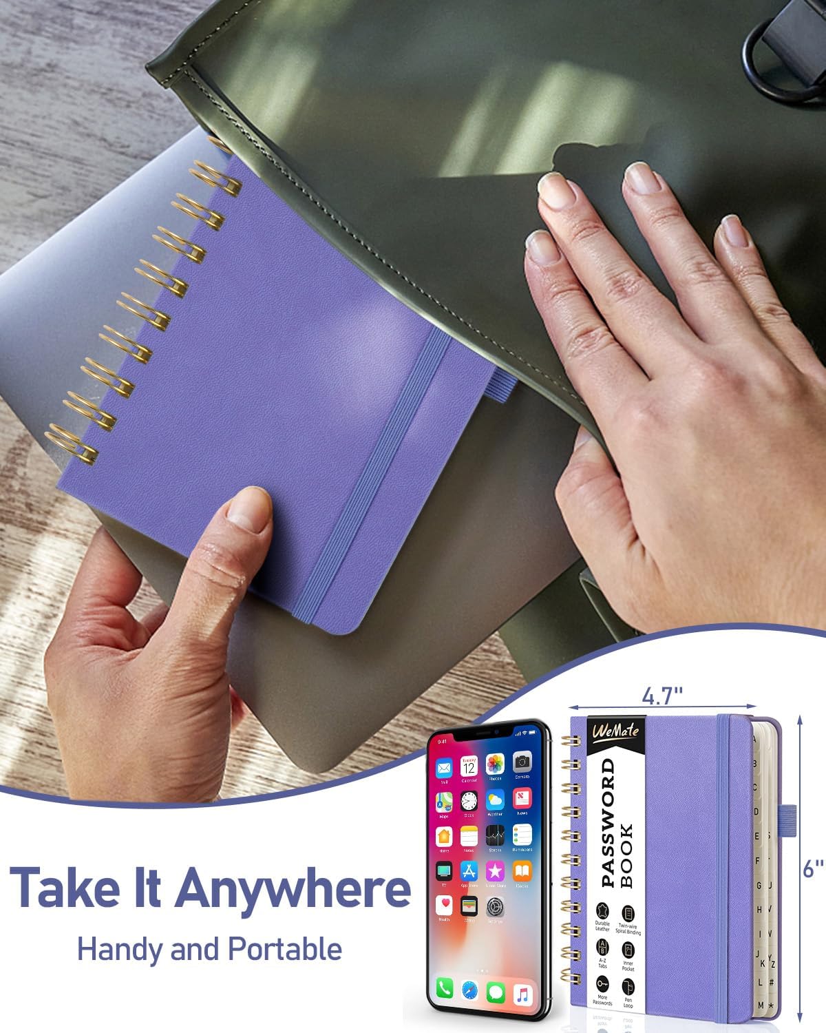 WEMATE Password Book with Alphabetical Tabs, Spiral Password Keeper Book for Seniors, Internet Password Notebook Password Journal Logbook Log in Detail, Small – 4.7''x 6'' (Purple)