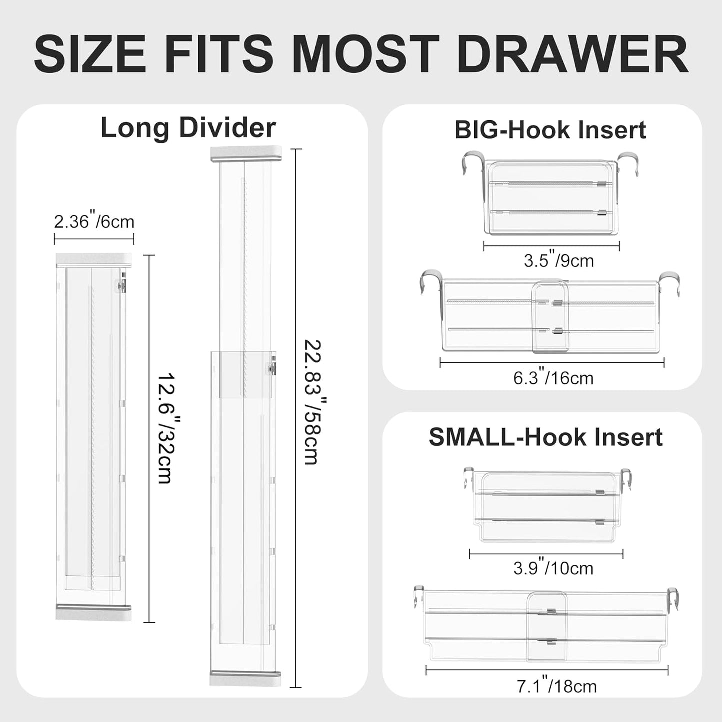 HiYZ Expandable Drawer Dividers with Inserts - Adjustable Drawer Organizers Separators for Kitchen, Bedroom, Dresser, Office, 8 Long Dividers(12.6-22.8 IN) with 10 Inserts(3.9-7.1 IN) - Clear