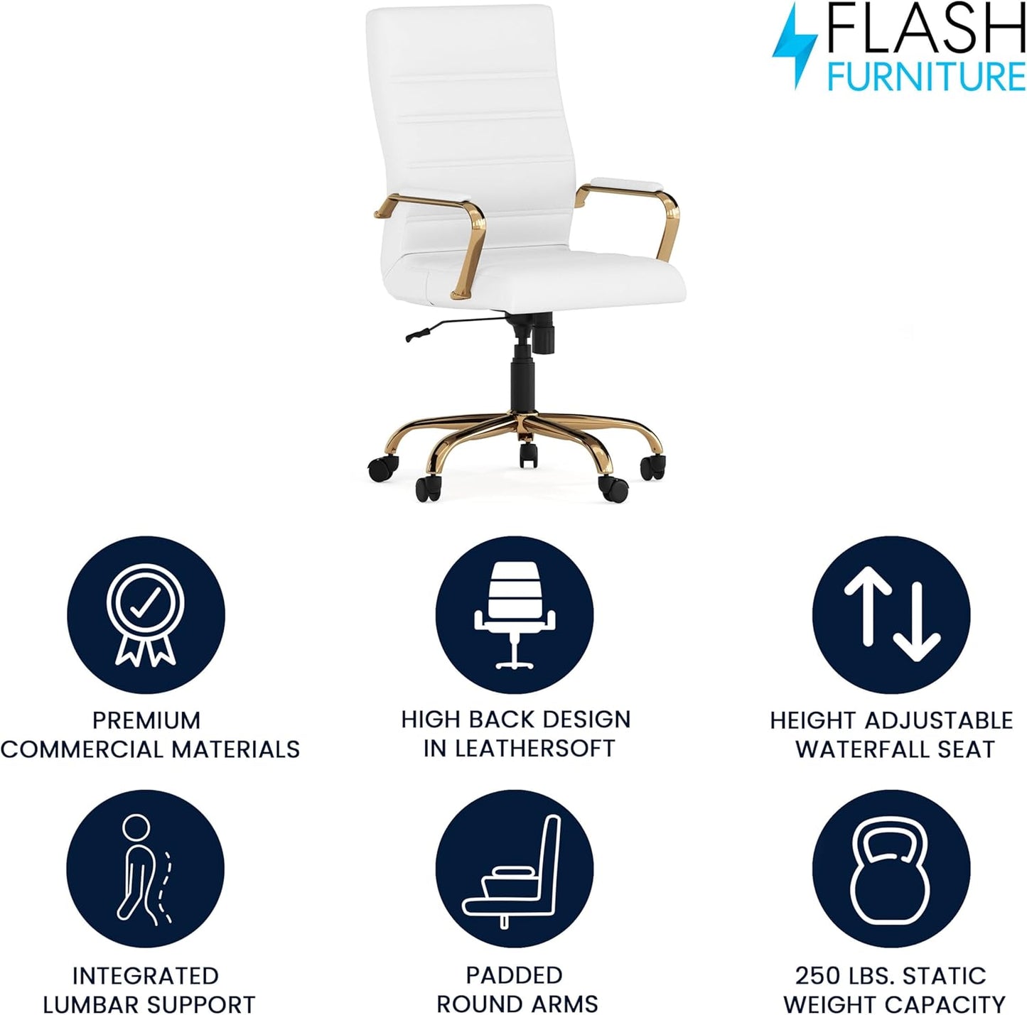 Flash Furniture Whitney Mid-Back Swivel LeatherSoft Desk Chair with Padded Seat and Armrests, Adjustable Height Padded Office Chair, 27"D x 26"W x 43"H, White/Gold