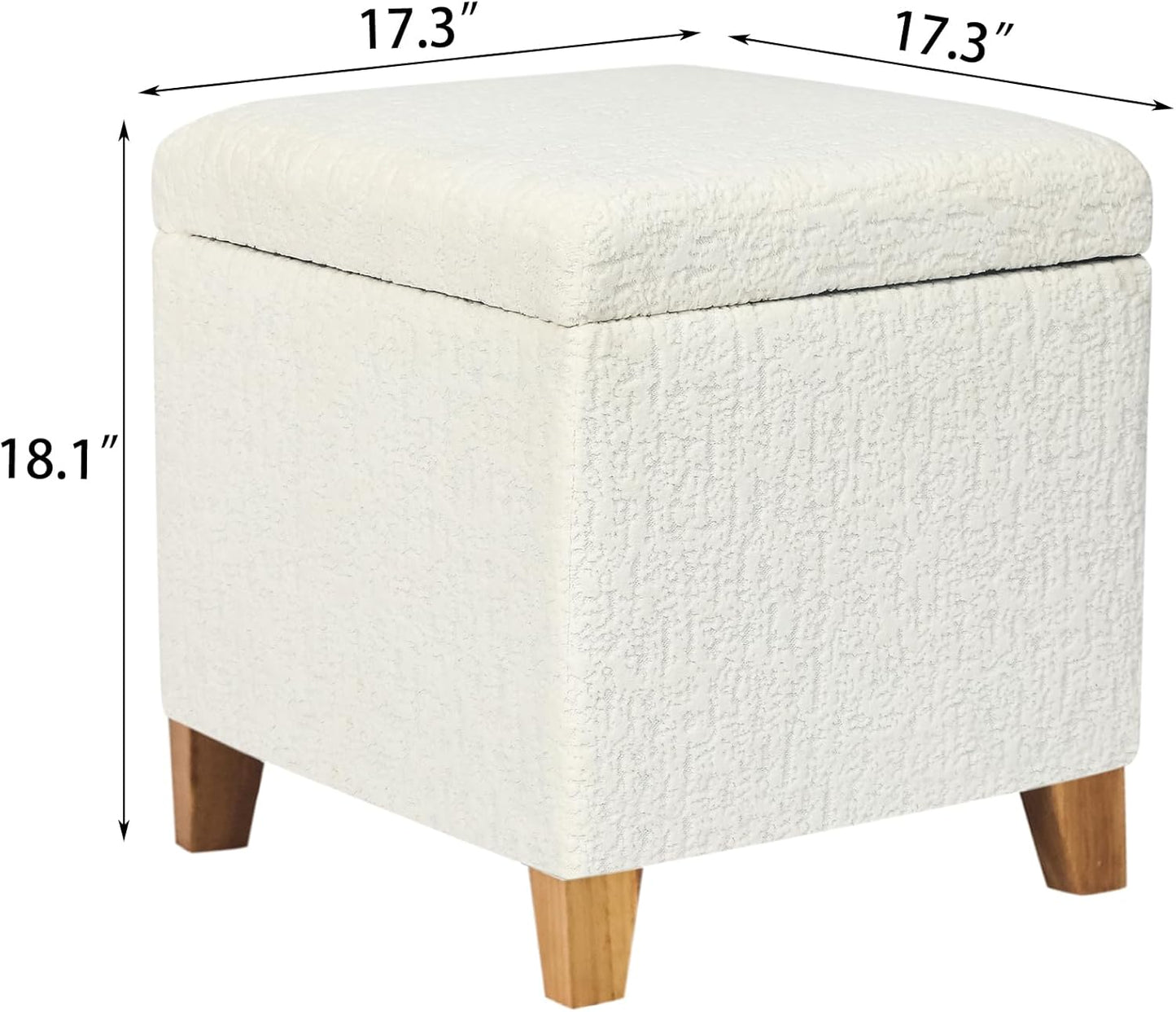 Adeco 18 Inch High Faux Fur White Cube Ottoman Storage, 3D Embossed Velvet Chair Foot Stools, Upholstered Vanity Stool with Hinged Lid, Solid Wood Legs