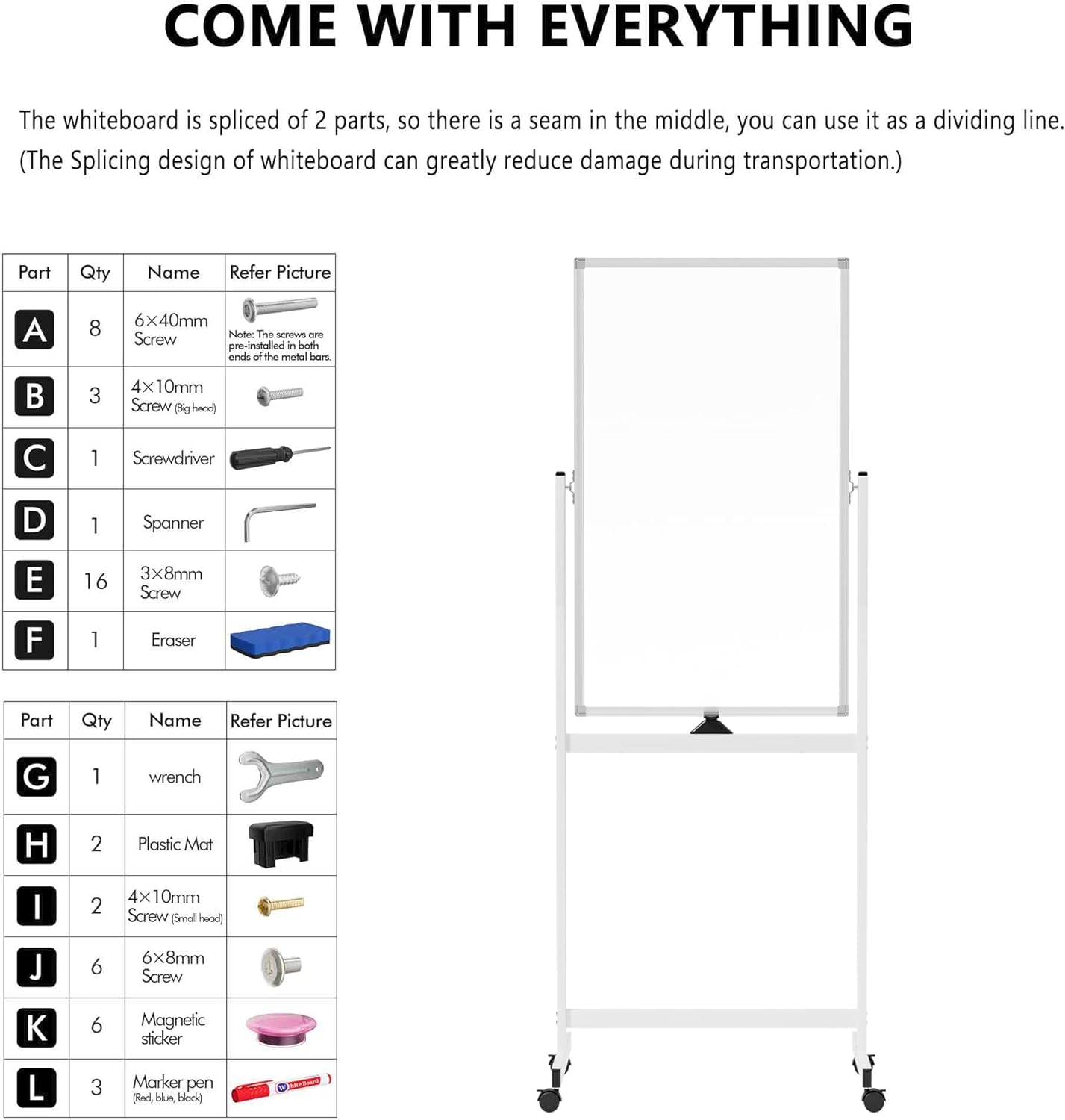 Rolling Whiteboard on Wheels, 40" x 24" Double-Sided Mobile Magnetic White Board with Stand, Portable Standing Dry Erase Board Easel for Home Office Classroom School, Silver