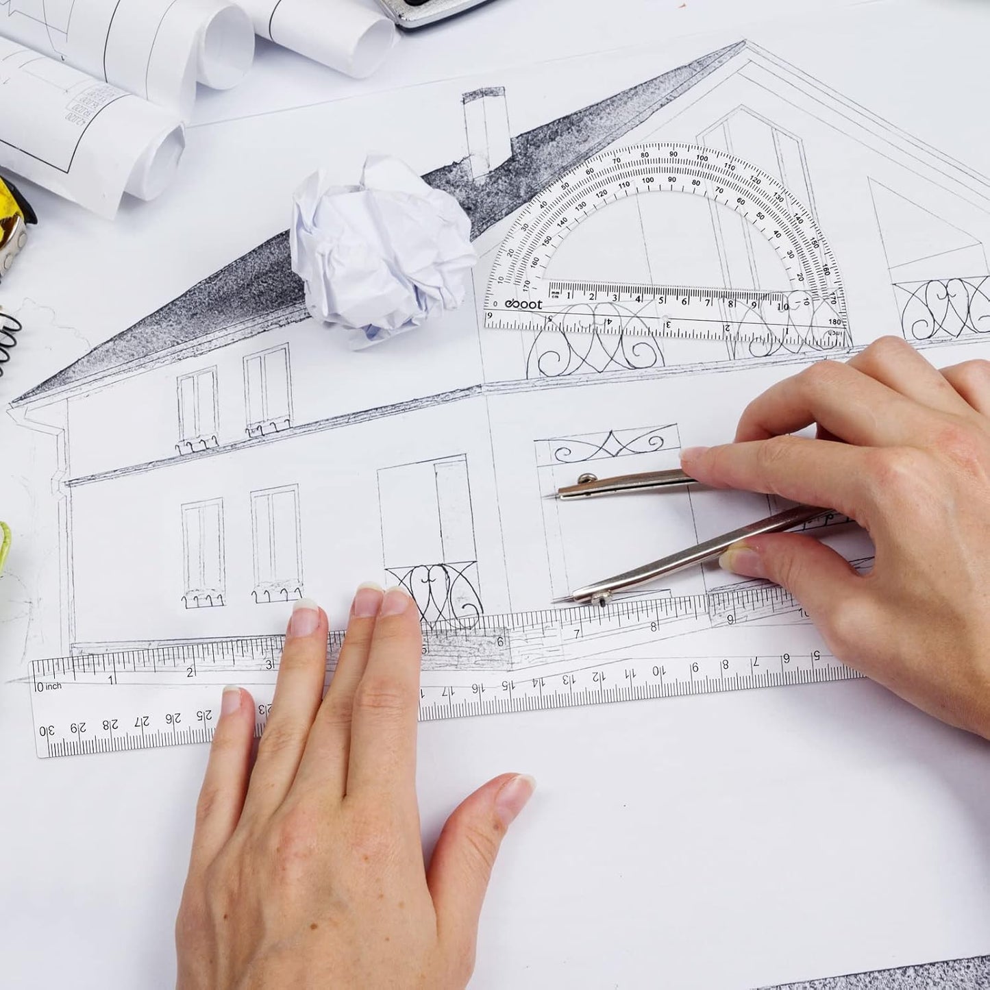 Zonon 2 Pack 12'' Plastic Ruler and 6'' Plastic Protractor Set Clear Ruler Protractor Set Math Geometry Supplies for School Classroom Home Office Drawing(Clear)