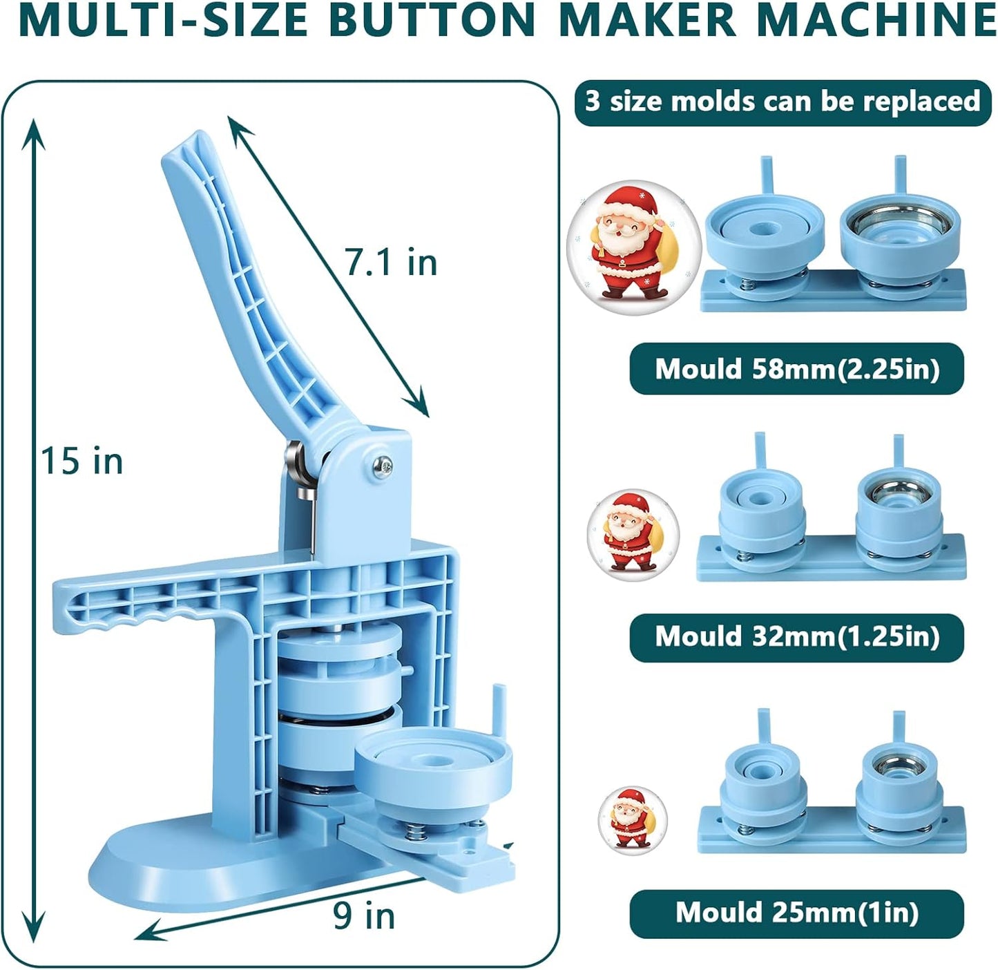 Button Maker Machine Multiple Sizes 1+1.25+2.25inch(4th Gen), DIY Button Pin Maker Machine Kit, Badge Press Machine with 300PCS 25+32+58mm Button Making Supplies& Cutting Mat&Circle Cutter