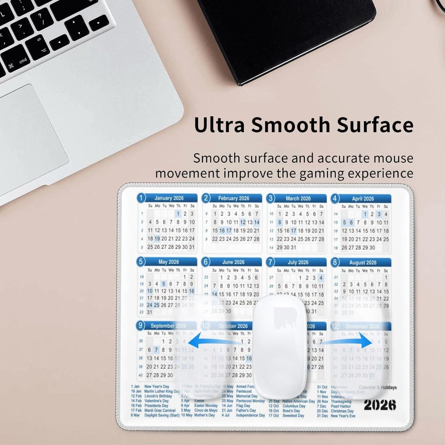 Mouse Pad, 2026 Calendar with Holiday Mouse Pads Mousepad, Anti-Slip Rubber Mouse Mat Desk Pad for Gaming Office Laptop Computer