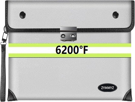 Fireproof Document Bag with lock Water Resistant Zipper,6200°F Heat Insulated Fire Proof Pouch with Soft Leather Hand Strap,Fire Envelope for Cash,Documents,Jewelry（Not Suitable for A4 Files）