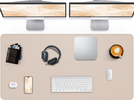 Extra Large Desk Pad Mat - Waterproof Mouse Pad & Desk Protector, Non-Slip XXL PU Leather Gaming Mat for Keyboard/Mouse, Stitched Edge with Ergonomic Support, 55"x24" (Beige)